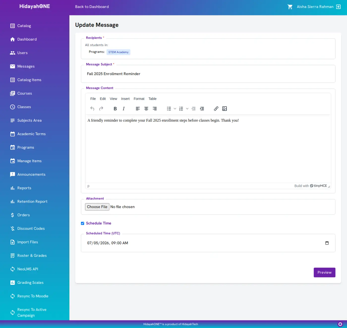 Message composer with recipients filtered to a program, a written reminder, and a scheduled send time
