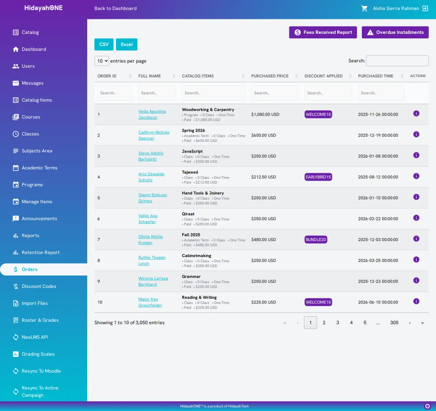 Orders table listing student payments with statuses and amounts