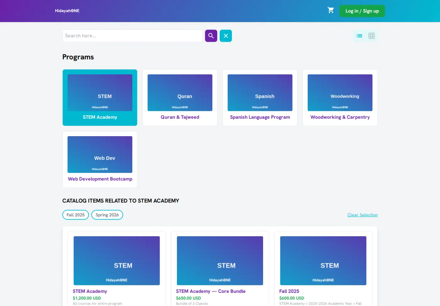 The HidayahONE public course catalog — a searchable, branded storefront