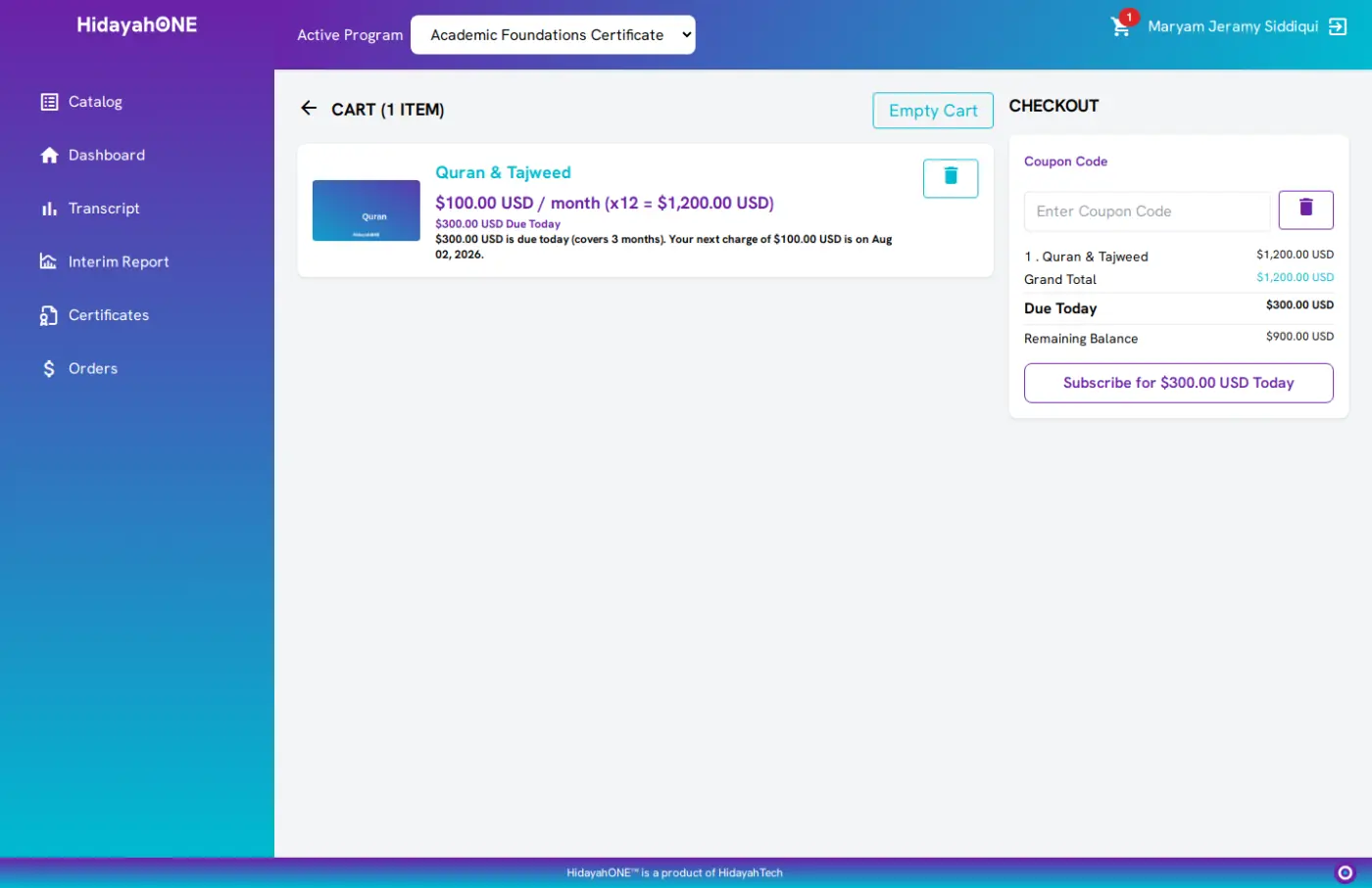 Checkout cart showing a program on an installment plan with the amount due today and the remaining balance