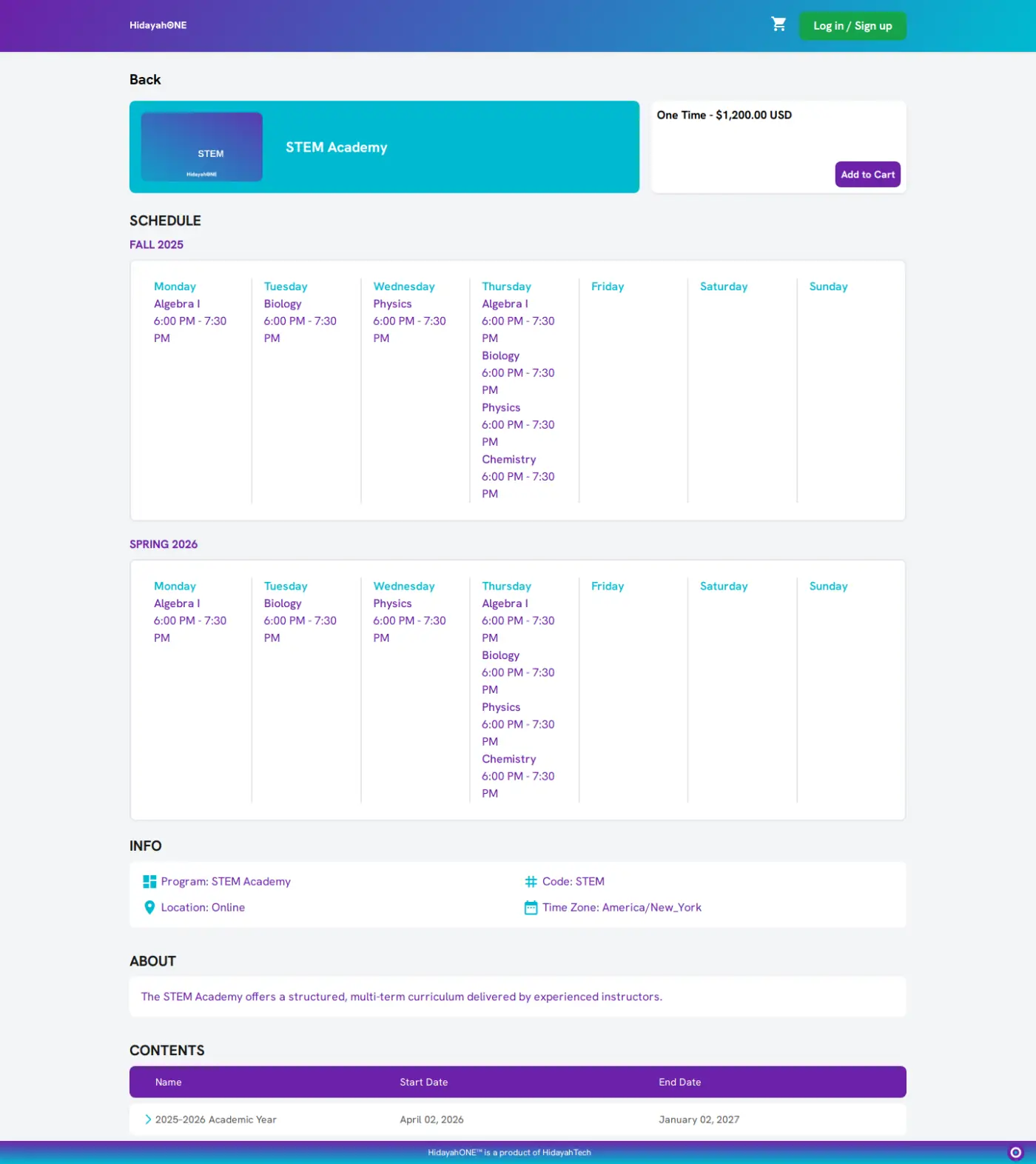 Public program page showing the weekly schedule, description, and price for a program