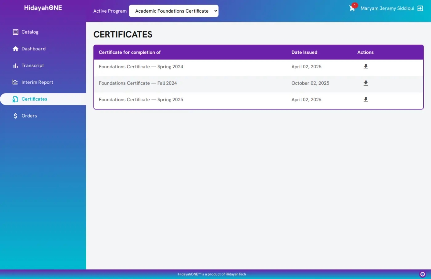 Student certificates screen showing an earned completion certificate with its issue date and a download action