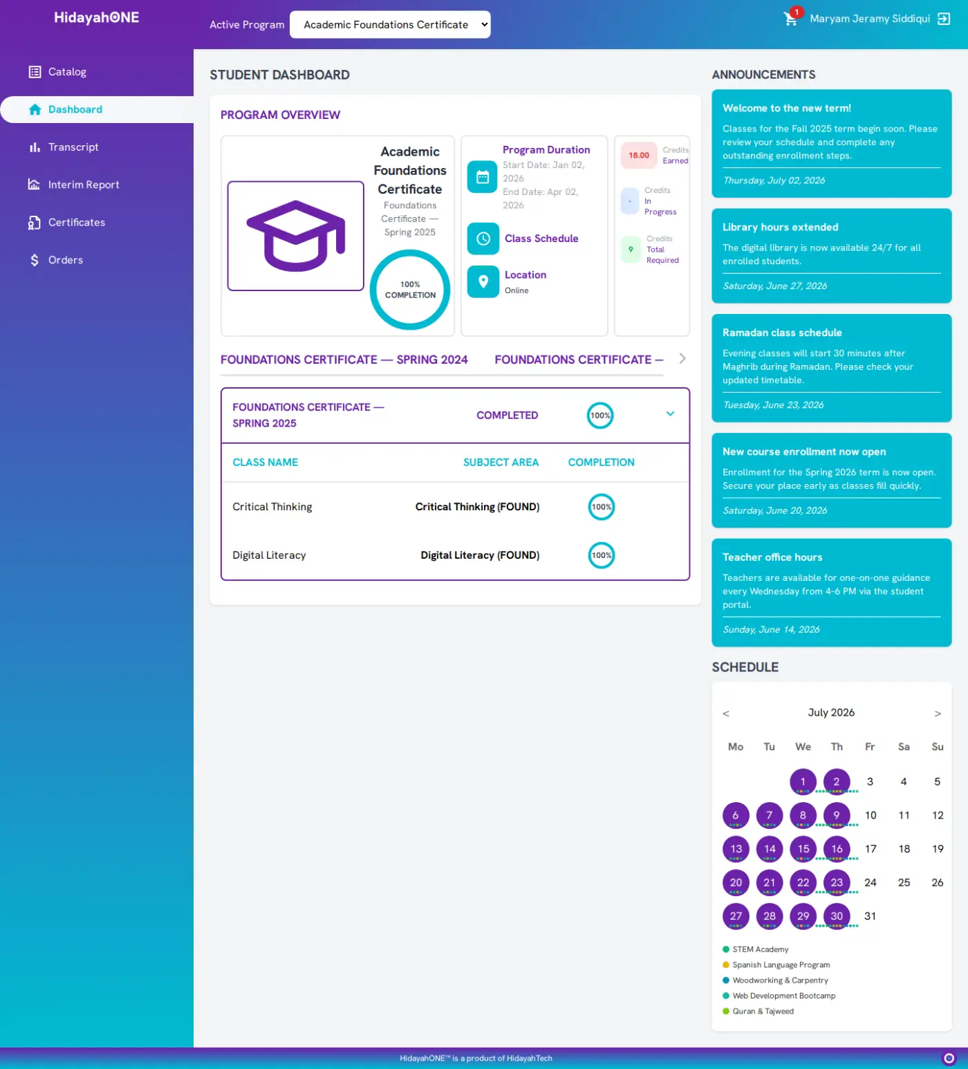 Student dashboard showing enrolled programs, schedule, and upcoming classes