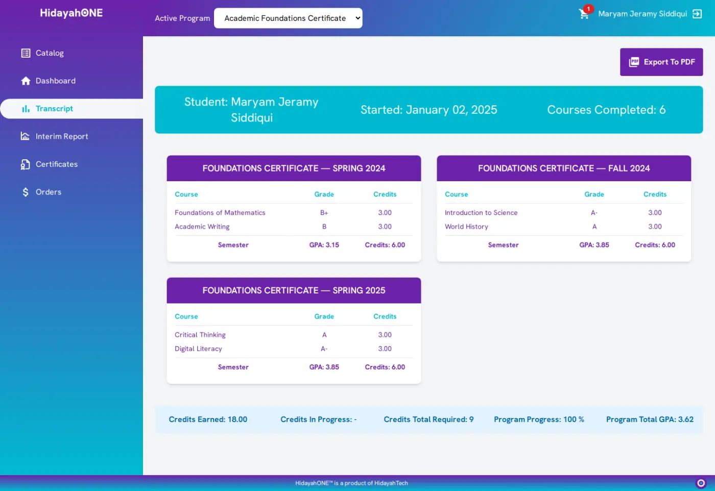 Student transcript showing course grades, GPA, and credit progress