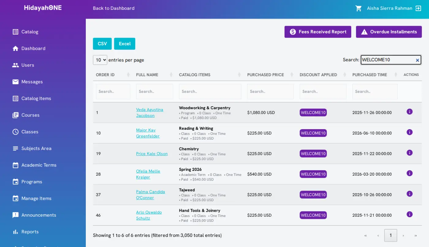 Orders list filtered by a promo code from thousands of entries down to a handful, with a search field on every column