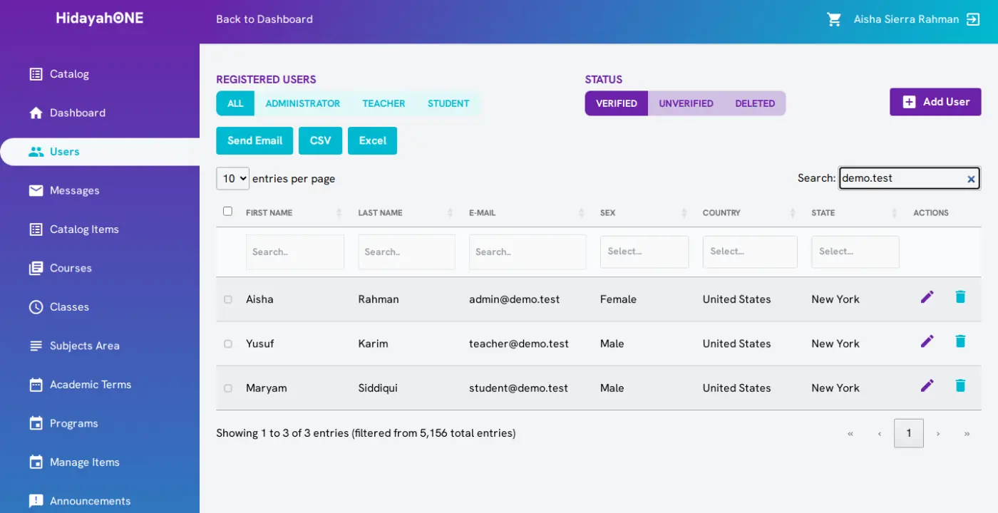 Live search narrowing a long user list to just the matching records as you type, in HidayahONE