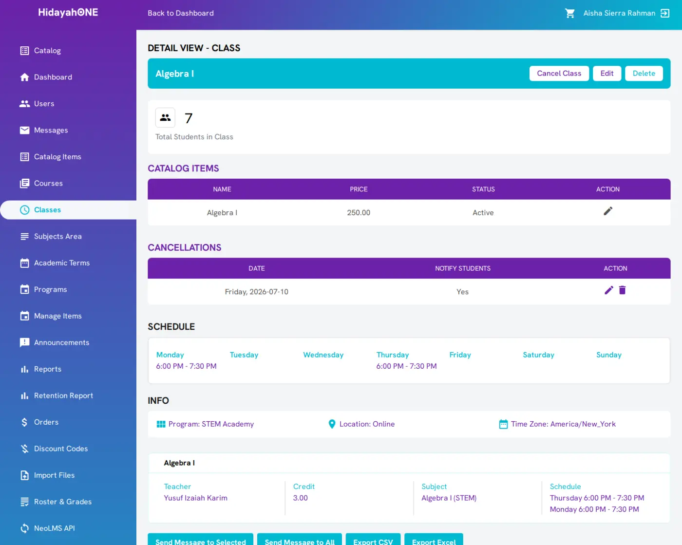 Teacher class detail view showing the class schedule, program info, enrollment, and one-click messaging and export actions