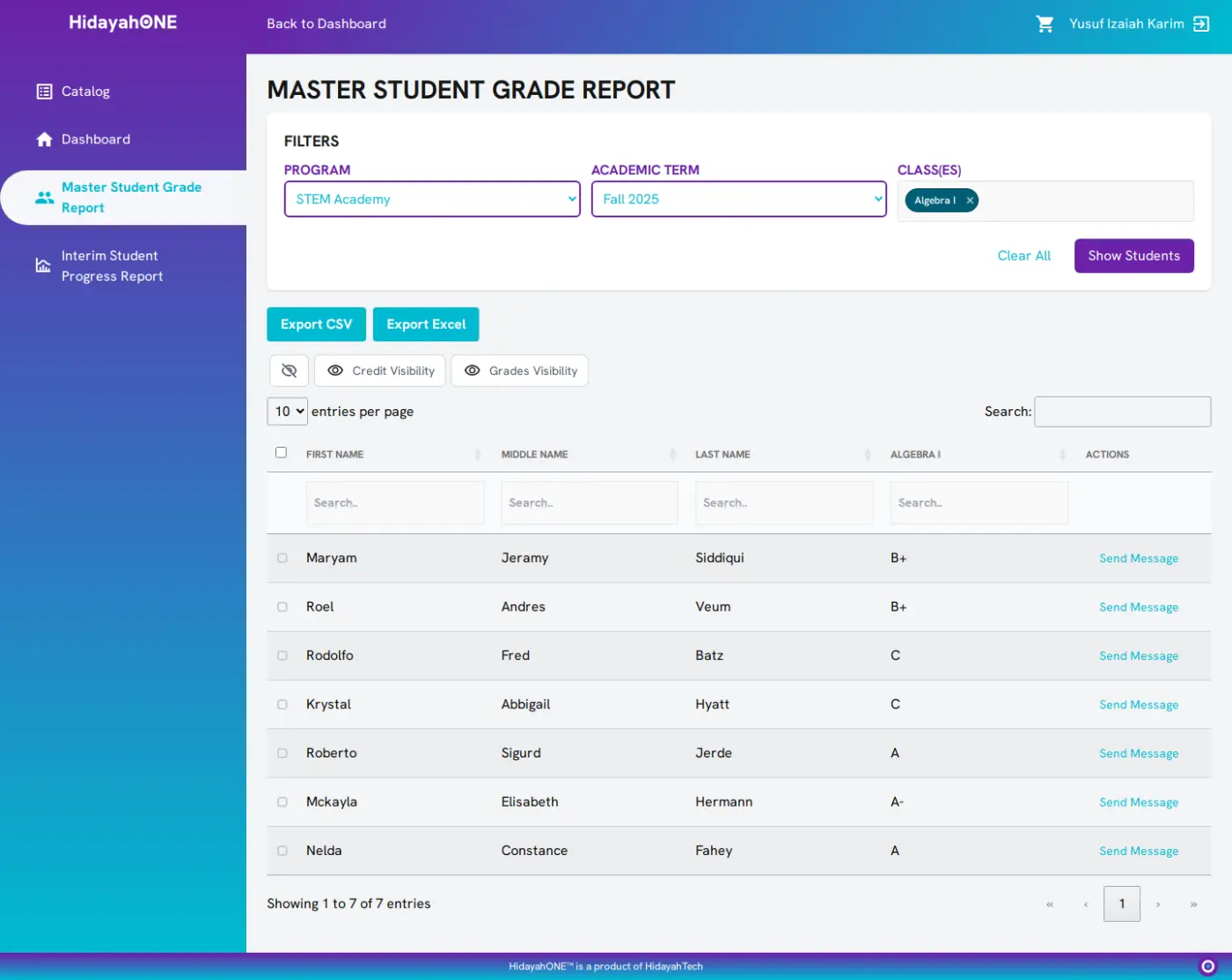 Teacher grade report listing each student with their grade and a way to reach them